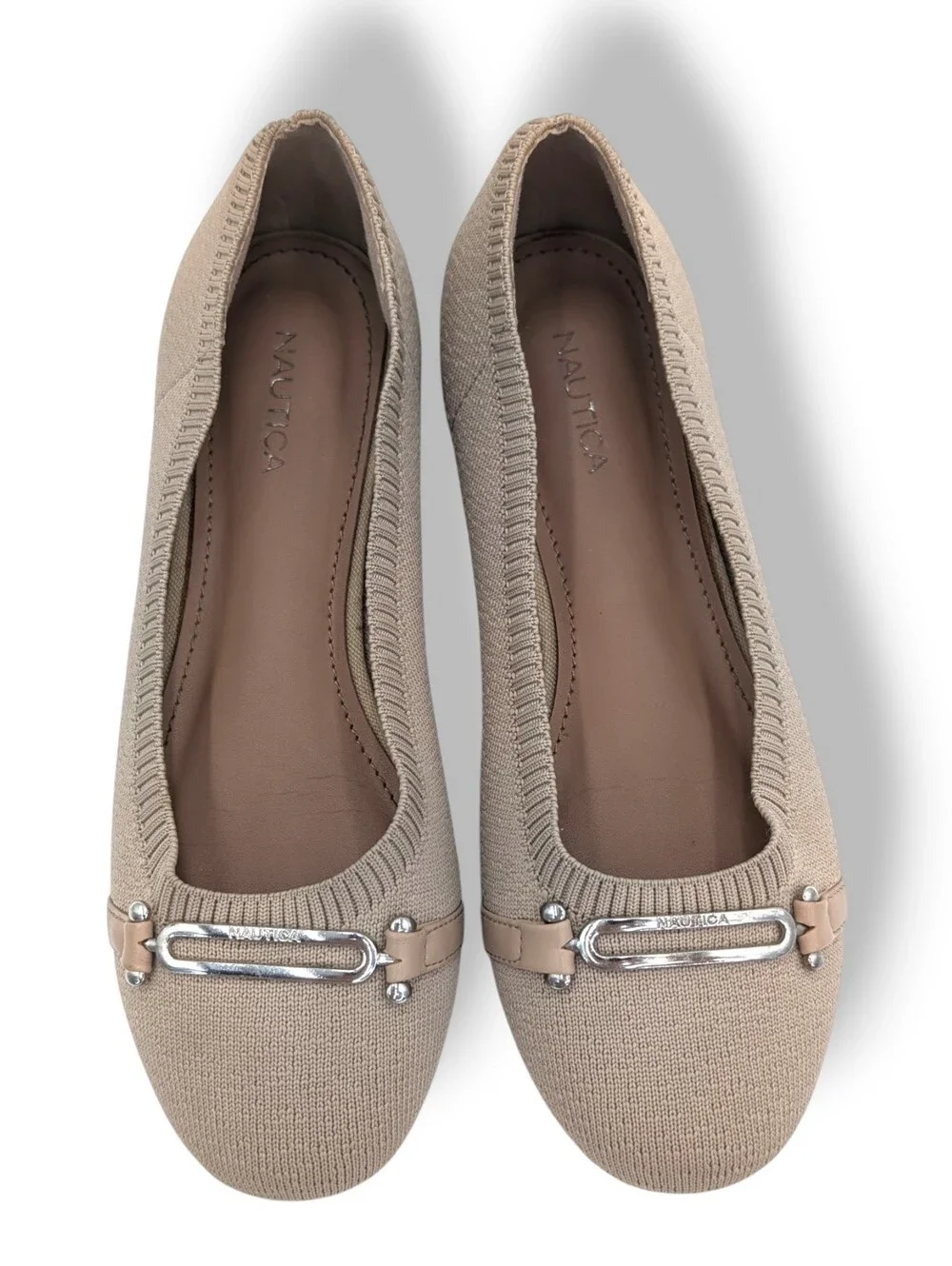 Nautica Halidon Sz 8 Taupe Knit Upper Silver Equestrian Style Buckle Ballet Flat